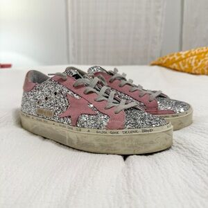 Golden Goose Hi Star Silver Glitter Sneakers with Pink Star (Size 41)